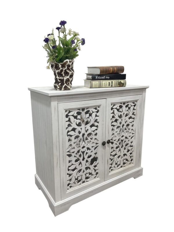 Antique White Sideboard Cabinet with Carved Doors – Vintage Accent Storage Console for Living Room or Entryway - Image 7