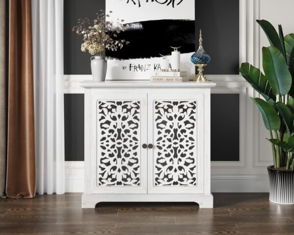 Antique White Sideboard Cabinet with Carved Doors – Vintage Accent Storage Console for Living Room or Entryway