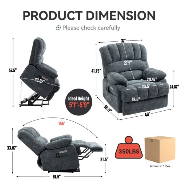 Oversized Power Lift Recliner Chair – Blue Grey Chenille, 8-Point Massage & Heat, 23" Seat for Elderly - Image 2