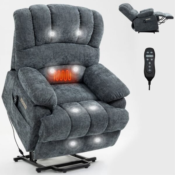 Oversized Power Lift Recliner Chair – Blue Grey Chenille, 8-Point Massage & Heat, 23" Seat for Elderly - Image 11