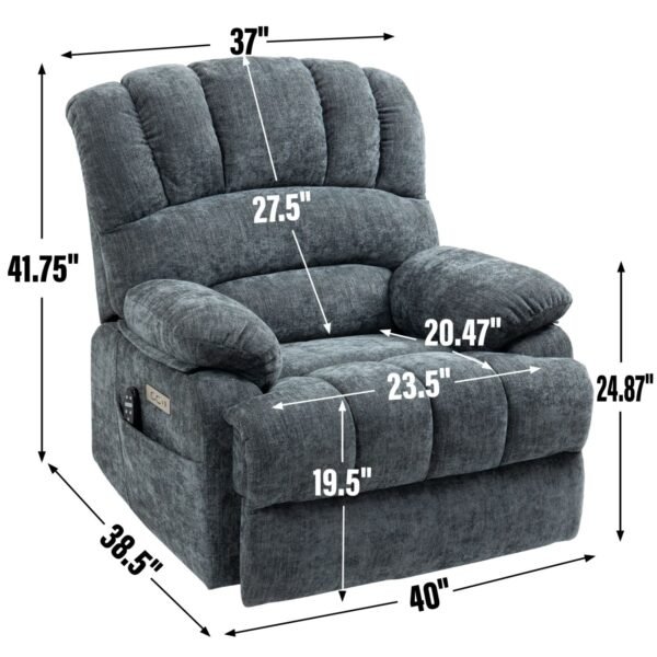 Oversized Power Lift Recliner Chair – Blue Grey Chenille, 8-Point Massage & Heat, 23" Seat for Elderly - Image 13