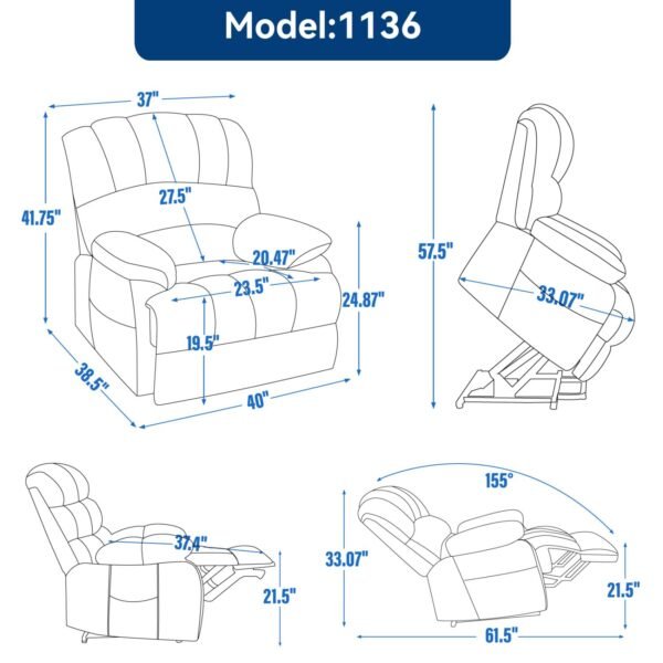 Oversized Power Lift Recliner Chair – Blue Grey Chenille, 8-Point Massage & Heat, 23" Seat for Elderly - Image 3