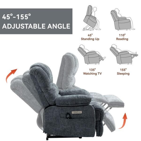 Oversized Power Lift Recliner Chair – Blue Grey Chenille, 8-Point Massage & Heat, 23" Seat for Elderly - Image 4