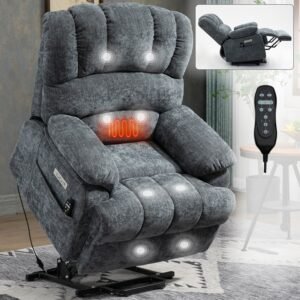 Oversized Power Lift Recliner Chair – Blue Grey Chenille, 8-Point Massage & Heat, 23" Seat for Elderly