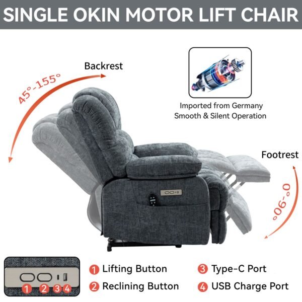 Oversized Power Lift Recliner Chair – Blue Grey Chenille, 8-Point Massage & Heat, 23" Seat for Elderly - Image 5