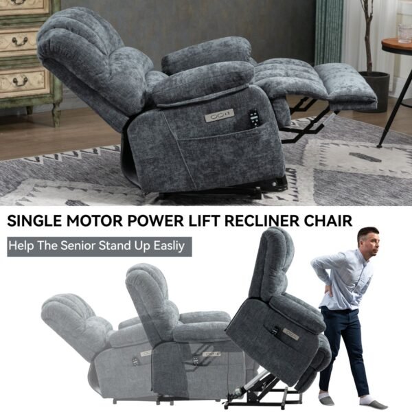 Oversized Power Lift Recliner Chair – Blue Grey Chenille, 8-Point Massage & Heat, 23" Seat for Elderly - Image 6