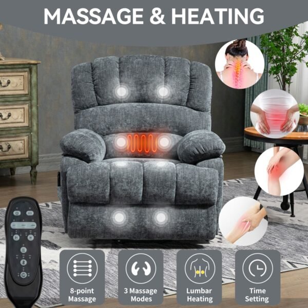 Oversized Power Lift Recliner Chair – Blue Grey Chenille, 8-Point Massage & Heat, 23" Seat for Elderly - Image 7