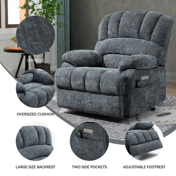 Oversized Power Lift Recliner Chair – Blue Grey Chenille, 8-Point Massage & Heat, 23" Seat for Elderly - Image 9