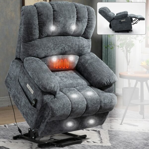 Oversized Power Lift Recliner Chair – Blue Grey Chenille, 8-Point Massage & Heat, 23" Seat for Elderly - Image 10