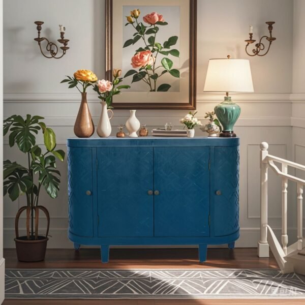 Oval Fluted Storage Cabinet – Antique Blue Green Sideboard with Sliding Doors, 4-Door Accent Credenza for Living Room or Kitchen - Image 2