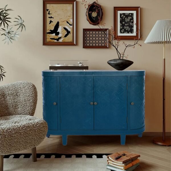 Oval Fluted Storage Cabinet – Antique Blue Green Sideboard with Sliding Doors, 4-Door Accent Credenza for Living Room or Kitchen - Image 3