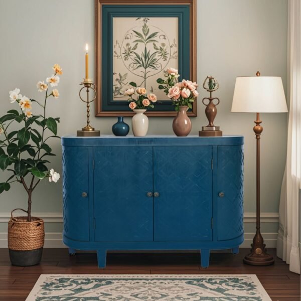Oval Fluted Storage Cabinet – Antique Blue Green Sideboard with Sliding Doors, 4-Door Accent Credenza for Living Room or Kitchen - Image 4