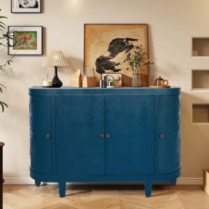 Oval Fluted Storage Cabinet – Antique Blue Green Sideboard with Sliding Doors, 4-Door Accent Credenza for Living Room or Kitchen