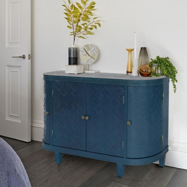 Oval Fluted Storage Cabinet – Antique Blue Green Sideboard with Sliding Doors, 4-Door Accent Credenza for Living Room or Kitchen - Image 5