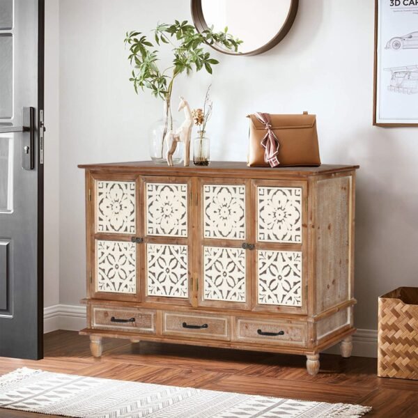 59.06" Chic Natural Wood Accent Cabinet, 4 Doord 3 drawers Sideboard Buffet with Adjustable Shelves, Stylish Storage for Living Room, Kitchen, and Dining, Easy Assembly, Durable MDF, Natural Wood - Image 2