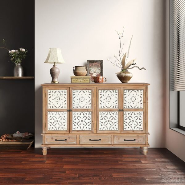 59.06" Chic Natural Wood Accent Cabinet, 4 Doord 3 drawers Sideboard Buffet with Adjustable Shelves, Stylish Storage for Living Room, Kitchen, and Dining, Easy Assembly, Durable MDF, Natural Wood - Image 3