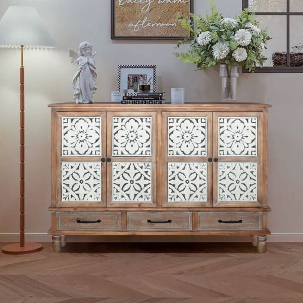 59.06" Chic Natural Wood Accent Cabinet, 4 Doord 3 drawers Sideboard Buffet with Adjustable Shelves, Stylish Storage for Living Room, Kitchen, and Dining, Easy Assembly, Durable MDF, Natural Wood - Image 4