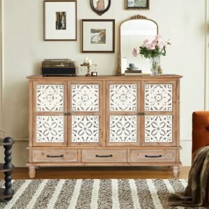 59.06" Chic Natural Wood Accent Cabinet, 4 Doord 3 drawers Sideboard Buffet with Adjustable Shelves, Stylish Storage for Living Room, Kitchen, and Dining, Easy Assembly, Durable MDF, Natural Wood
