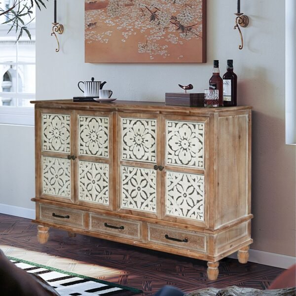 59.06" Chic Natural Wood Accent Cabinet, 4 Doord 3 drawers Sideboard Buffet with Adjustable Shelves, Stylish Storage for Living Room, Kitchen, and Dining, Easy Assembly, Durable MDF, Natural Wood - Image 5