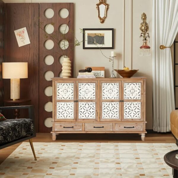 59.06" Chic Natural Wood Accent Cabinet, 4 Doord 3 drawers Sideboard Buffet with Adjustable Shelves, Stylish Storage for Living Room, Kitchen, and Dining, Easy Assembly, Durable MDF, Natural Wood - Image 8