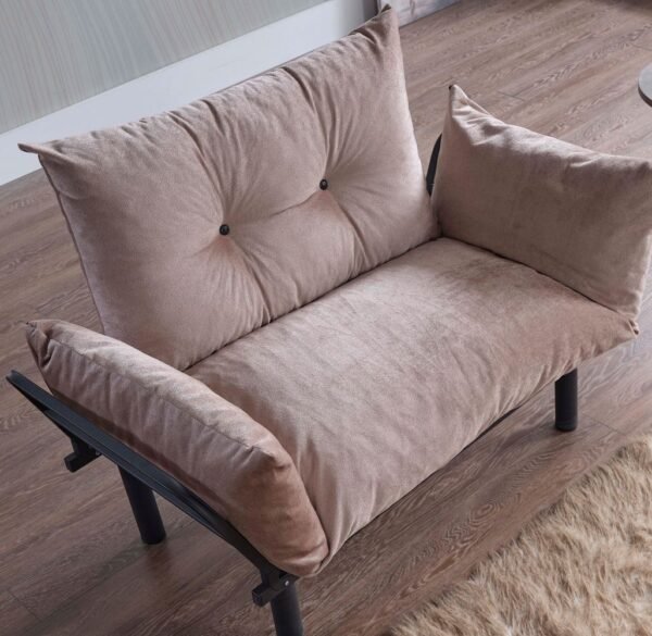 Sona Beige Chenille Futon Love Seat – Convertible Sofa Bed with Metal Frame - Image 3
