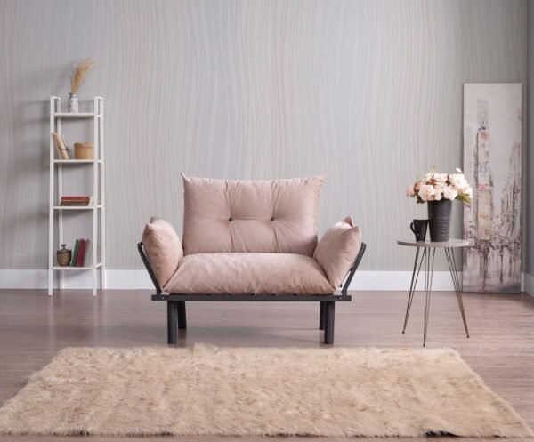 Sona Beige Chenille Futon Love Seat – Convertible Sofa Bed with Metal Frame