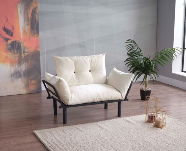 Sona Cream Chenille Futon Love Seat – Convertible Sofa Bed with Metal Frame - Image 2