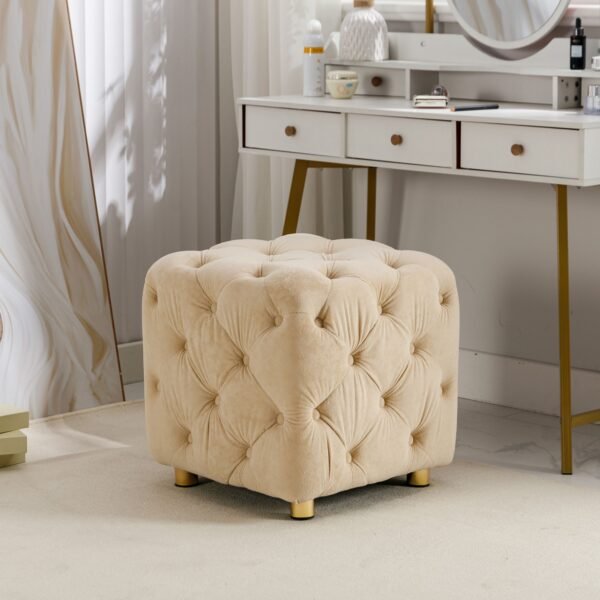 Beige Velvet Upholstered Ottoman with Storage – Modern Dice-Shaped Footstool for Living Room, Bedroom, Entryway - Image 2