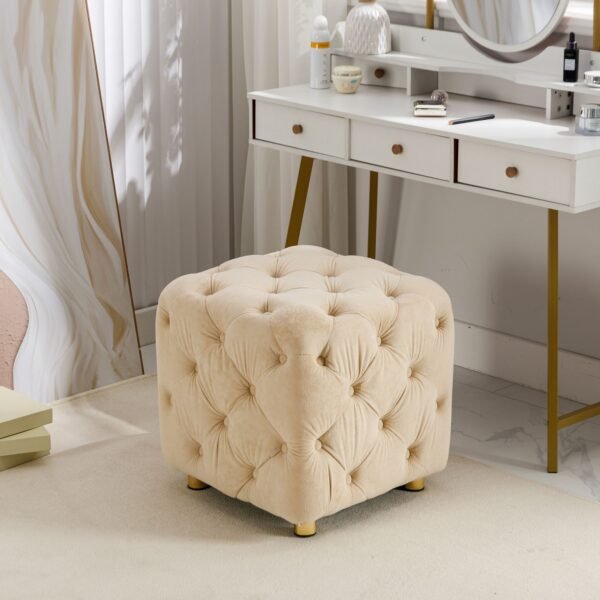 Beige Velvet Upholstered Ottoman with Storage – Modern Dice-Shaped Footstool for Living Room, Bedroom, Entryway - Image 5
