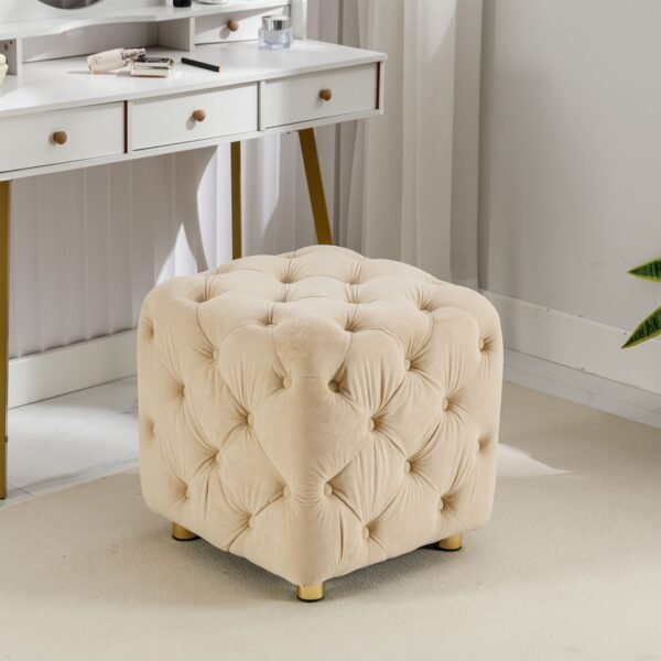 Beige Velvet Upholstered Ottoman with Storage – Modern Dice-Shaped Footstool for Living Room, Bedroom, Entryway