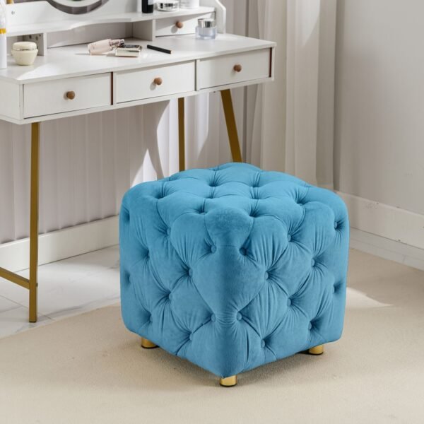 Blue Velvet Upholstered Ottoman with Storage – Modern Dice-Shaped Footstool for Living Room, Bedroom