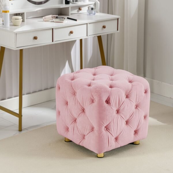 Pink Velvet Upholstered Ottoman with Storage – Modern Dice-Shaped Footstool for Living Room, Bedroom,
