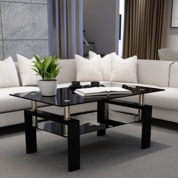 Modern Black Glass Coffee Table – Rectangular Clear Tempered Glass Center Table for Living Room - Image 2