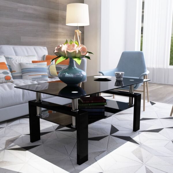 Modern Black Glass Coffee Table – Rectangular Clear Tempered Glass Center Table for Living Room