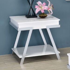 Contemporary White End Table with Chrome Frame – High Gloss Modern Living Room Accent Table
