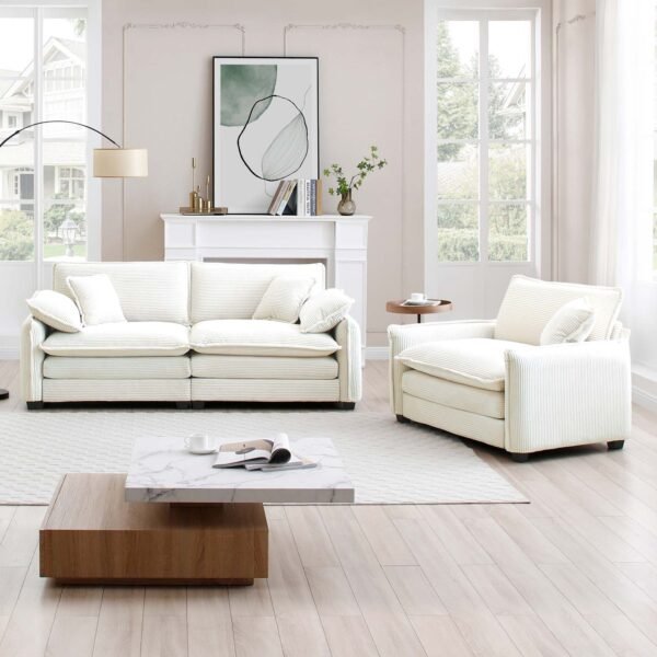 Beige Corduroy Sofa Set – Modern 1-Seater & 2-Seater Couch Set for Living Room or Apartment - Image 2
