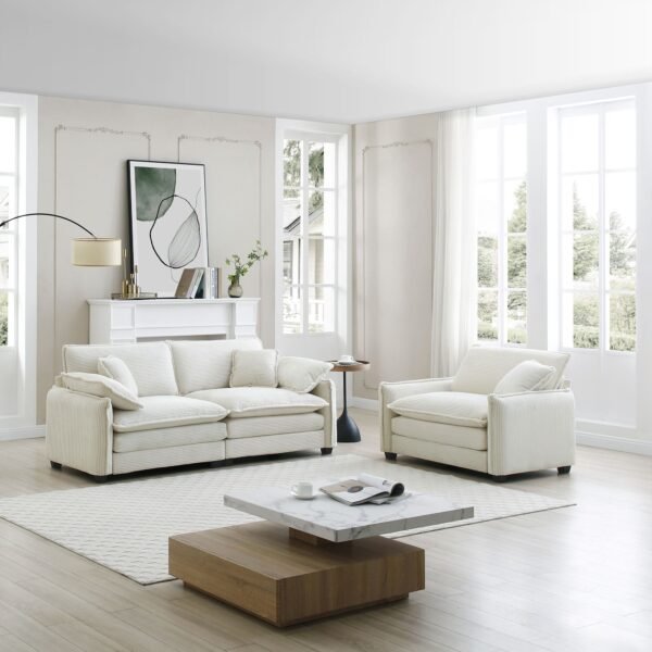 Beige Corduroy Sofa Set – Modern 1-Seater & 2-Seater Couch Set for Living Room or Apartment - Image 3