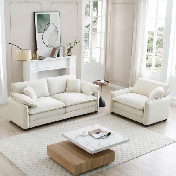 Beige Corduroy Sofa Set – Modern 1-Seater & 2-Seater Couch Set for Living Room or Apartment