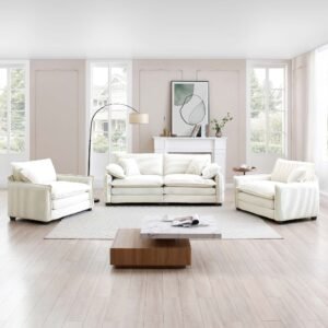 Luxurious Beige Corduroy Sofa Set – 2 Single Sofas + 2-Seater Loveseat with Cushions for Living Room or Home Theater