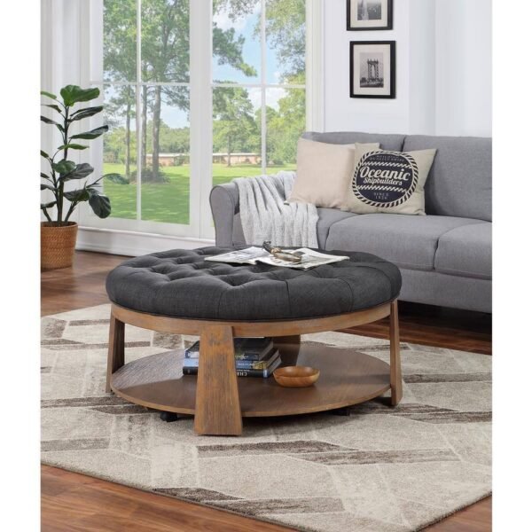 Round Tufted Ottoman with Shelf – Linen-Like Upholstery, Wire-Brushed Wood Finish, Rustic Dark Gray - Image 2