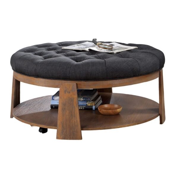 Round Tufted Ottoman with Shelf – Linen-Like Upholstery, Wire-Brushed Wood Finish, Rustic Dark Gray - Image 3