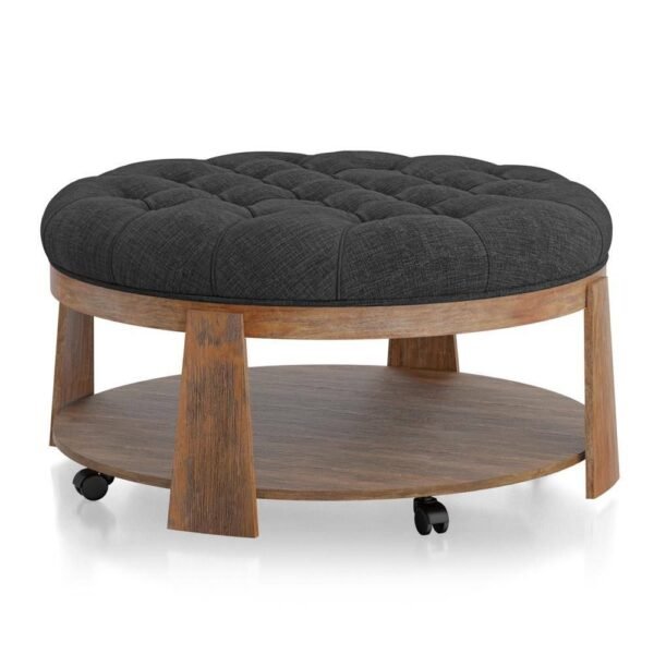 Round Tufted Ottoman with Shelf – Linen-Like Upholstery, Wire-Brushed Wood Finish, Rustic Dark Gray - Image 4
