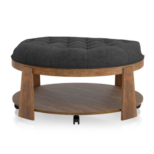 Round Tufted Ottoman with Shelf – Linen-Like Upholstery, Wire-Brushed Wood Finish, Rustic Dark Gray - Image 5