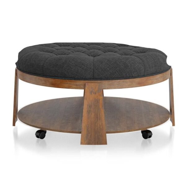 Round Tufted Ottoman with Shelf – Linen-Like Upholstery, Wire-Brushed Wood Finish, Rustic Dark Gray - Image 6