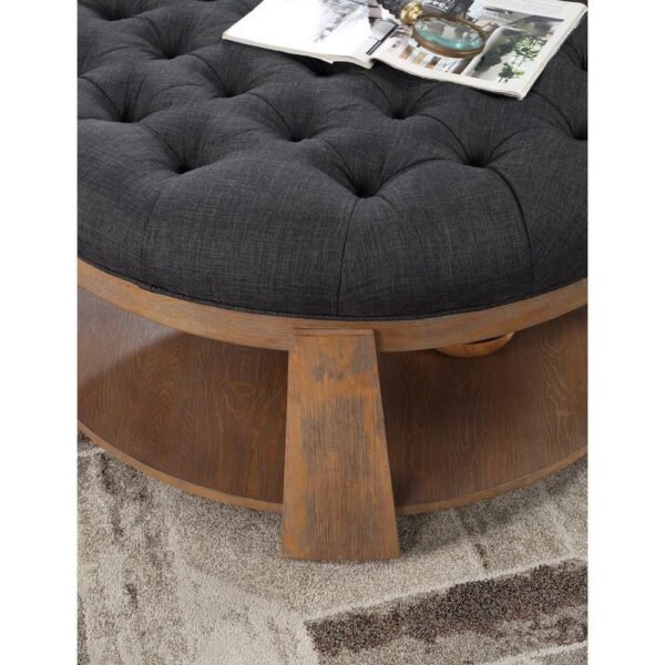 Round Tufted Ottoman with Shelf – Linen-Like Upholstery, Wire-Brushed Wood Finish, Rustic Dark Gray - Image 7