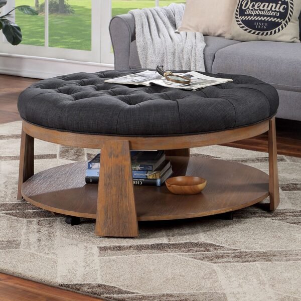 Round Tufted Ottoman with Shelf – Linen-Like Upholstery, Wire-Brushed Wood Finish, Rustic Dark Gray