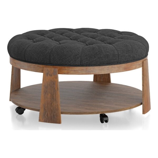 Round Tufted Ottoman with Shelf – Linen-Like Upholstery, Wire-Brushed Wood Finish, Rustic Dark Gray - Image 8