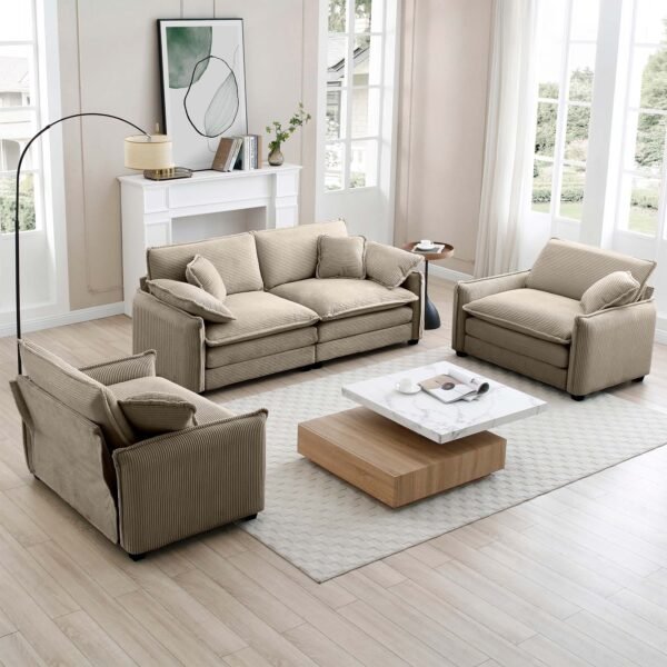 Luxurious Tan Corduroy Sofa Set – 2 Single Sofas + 2-Seater Loveseat with Cushions for Living Room or Home Theater - Image 2