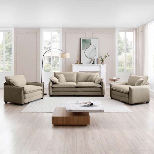 Luxurious Tan Corduroy Sofa Set – 2 Single Sofas + 2-Seater Loveseat with Cushions for Living Room or Home Theater - Image 3