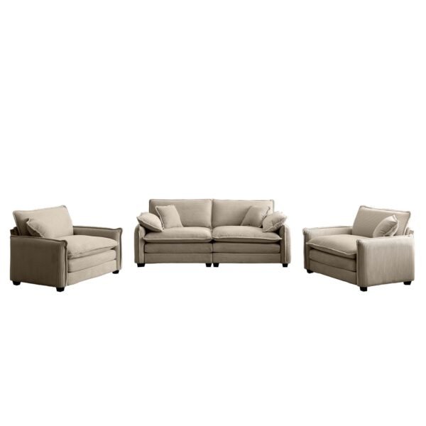 Luxurious Tan Corduroy Sofa Set – 2 Single Sofas + 2-Seater Loveseat with Cushions for Living Room or Home Theater - Image 4